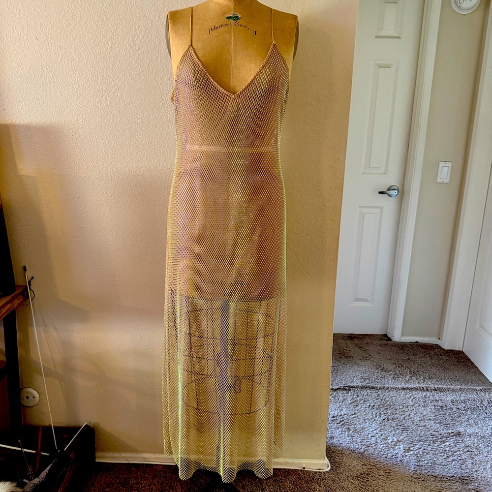 H&M nude rhinestones stretch fishnet dress L
